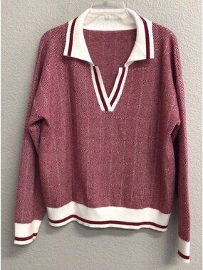 Sweater Pullover Collar Polo Women’s Size XL Maroon Chevron Print Tik Tok